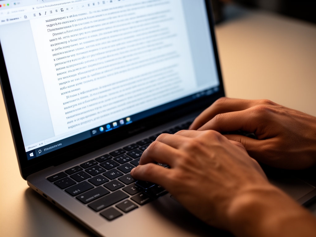 Крупный план рук, печатающих на механической клавиатуре ноутбука, на экране видна текстовая статья в текстовом редакторе, мягкое боковое освещение