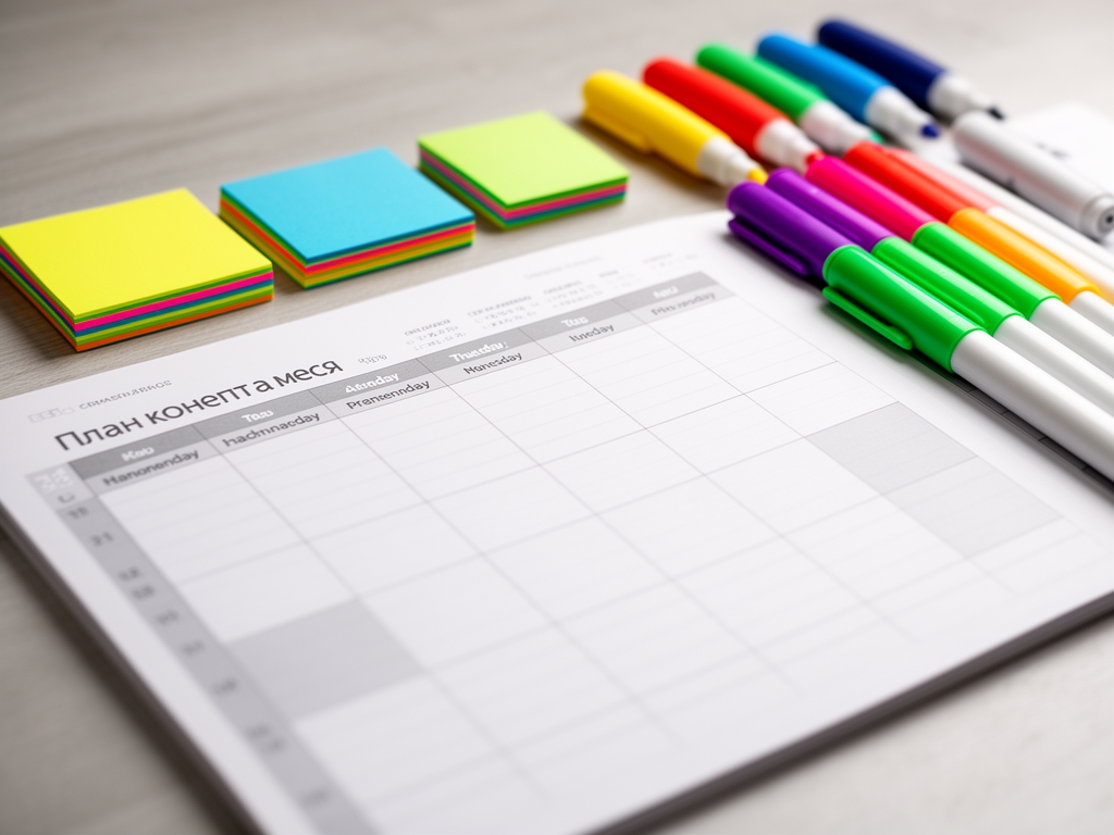 Рабочий стол с планером, стикерами и маркерами разных цветов, план контента на месяц расписан по дням недели