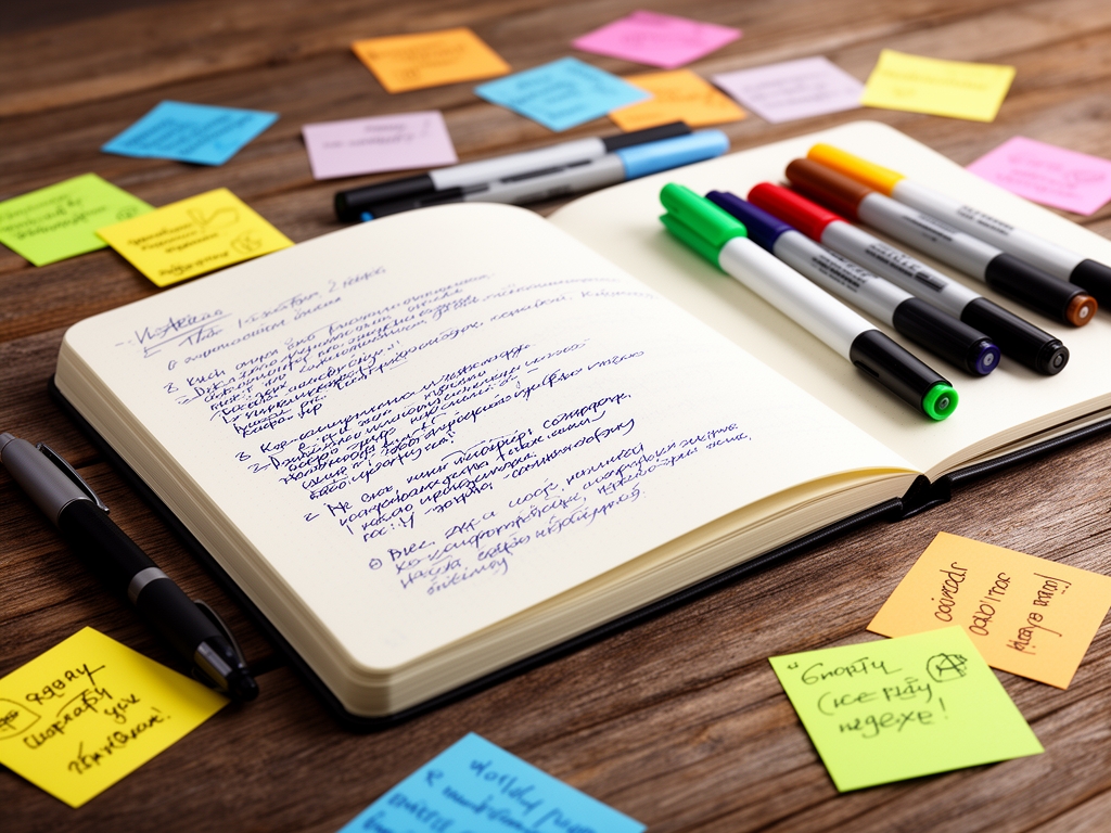 Открытый блокнот с рукописными заметками и маркерами на деревянном столе, вокруг рассыпаны карточки с идеями — рабочее место копирайтера