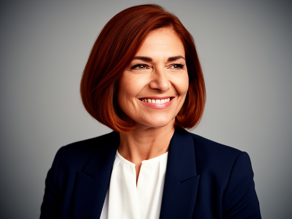 Профессиональный портрет женщины средних лет с тёмными волосами в деловой одежде на нейтральном светло-сером фоне, доброжелательная улыбка