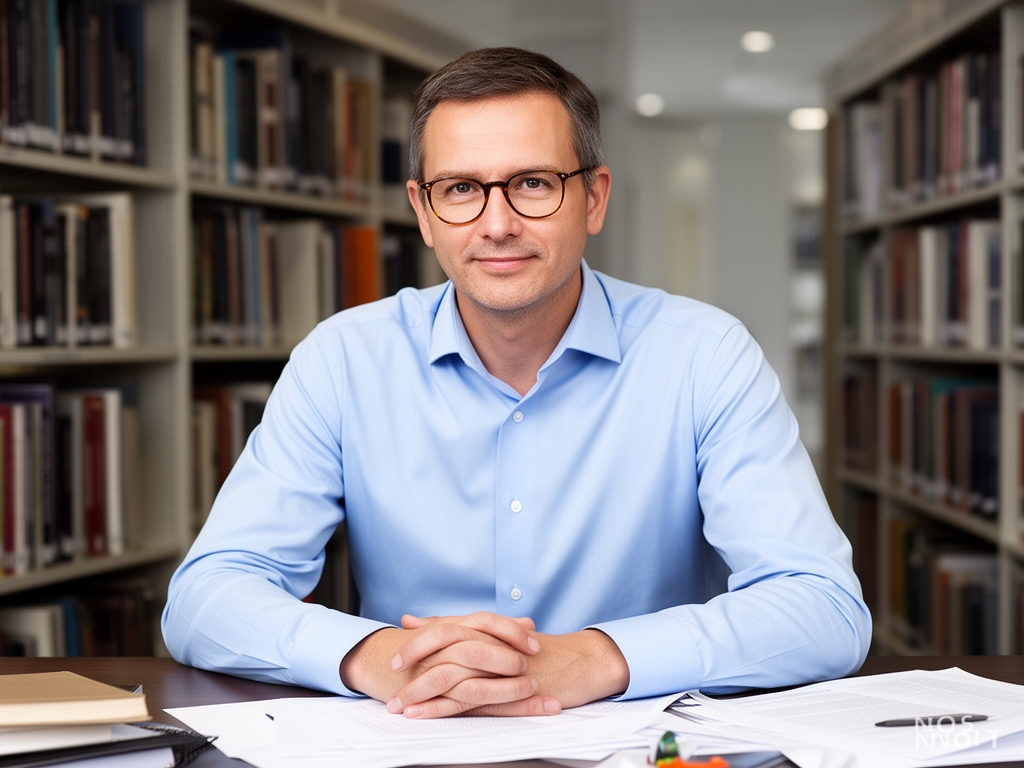 Профессиональный портрет мужчины в очках и светлой рубашке, сидит за рабочим столом с книгами на полке позади него, спокойный взгляд