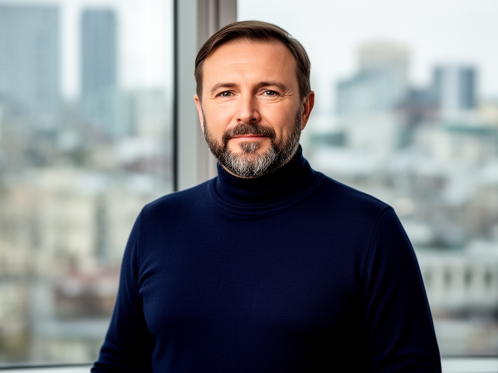 Мужчина с бородой в тёмной водолазке, стоит у окна с видом на городские здания, задумчивый профессиональный вид